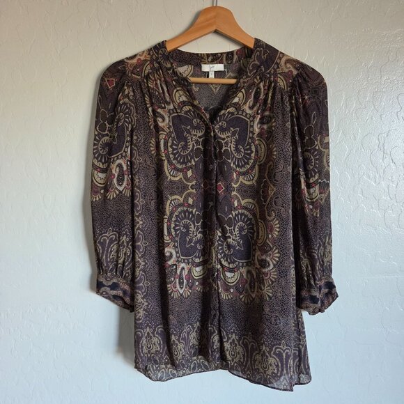Joie Gareth 100% Silk Georgette Bohemian Paisley Blouse Brown Sz Small Button Up - Picture 1 of 10